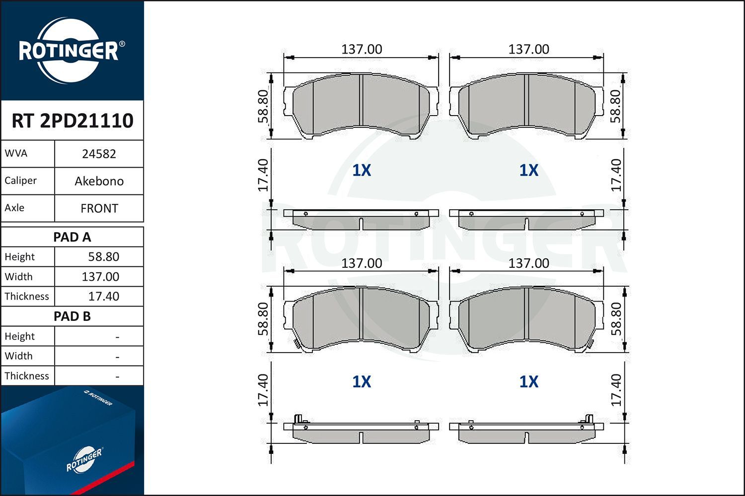 Stabdžių trinkelių rinkinys, diskinis stabdys ROTINGER RT 2PD21110