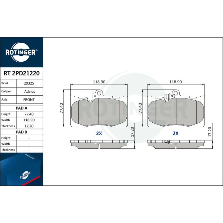 Stabdžių trinkelių rinkinys, diskinis stabdys ROTINGER RT 2PD21220