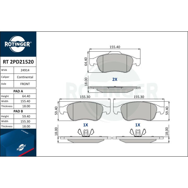 Stabdžių trinkelių rinkinys, diskinis stabdys ROTINGER RT 2PD21520