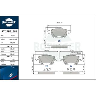 Stabdžių trinkelių rinkinys, diskinis stabdys ROTINGER RT 2PD21681