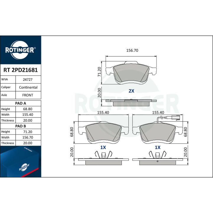 Stabdžių trinkelių rinkinys, diskinis stabdys ROTINGER RT 2PD21681