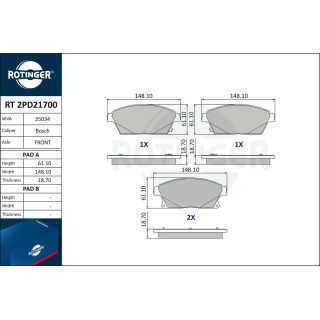 Stabdžių trinkelių rinkinys, diskinis stabdys ROTINGER RT 2PD21700