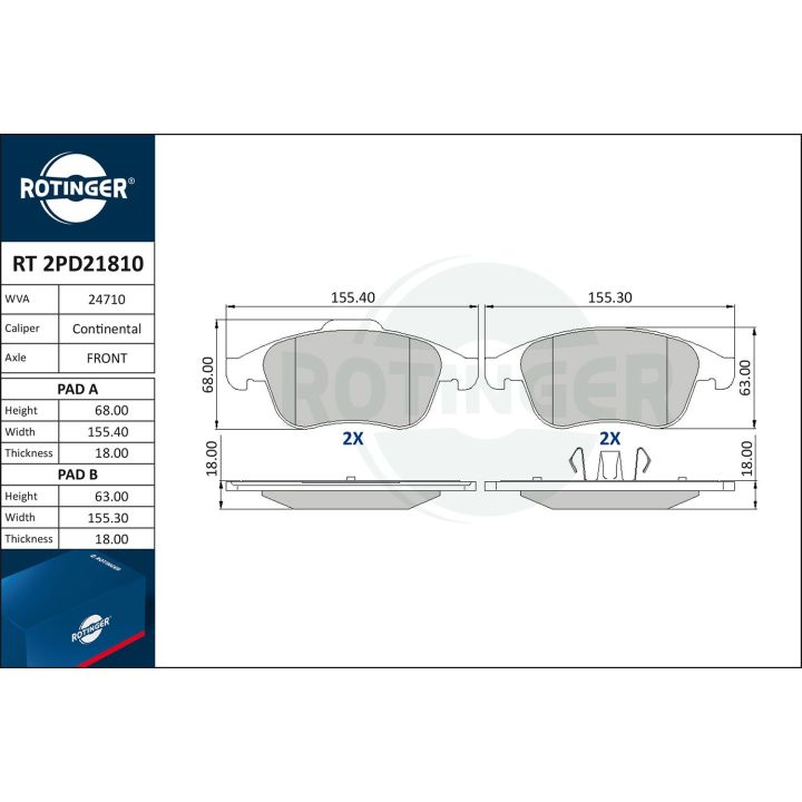 Stabdžių trinkelių rinkinys, diskinis stabdys ROTINGER RT 2PD21810