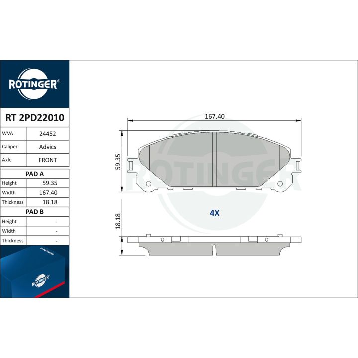 Stabdžių trinkelių rinkinys, diskinis stabdys ROTINGER RT 2PD22010