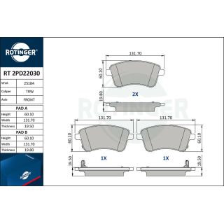 Stabdžių trinkelių rinkinys, diskinis stabdys ROTINGER RT 2PD22030