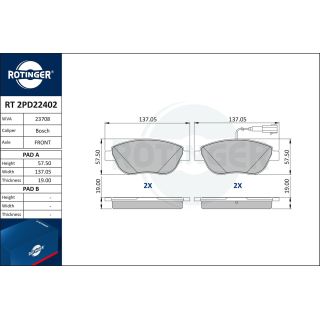 Stabdžių trinkelių rinkinys, diskinis stabdys ROTINGER RT 2PD22402
