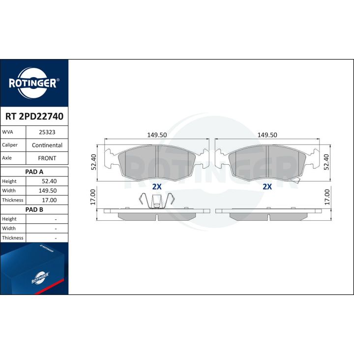 Stabdžių trinkelių rinkinys, diskinis stabdys ROTINGER RT 2PD22740