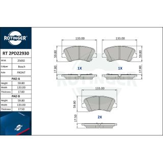 Stabdžių trinkelių rinkinys, diskinis stabdys ROTINGER RT 2PD22930