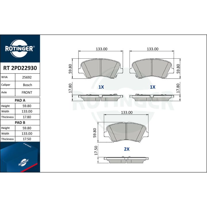 Stabdžių trinkelių rinkinys, diskinis stabdys ROTINGER RT 2PD22930