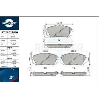 Stabdžių trinkelių rinkinys, diskinis stabdys ROTINGER RT 2PD22940