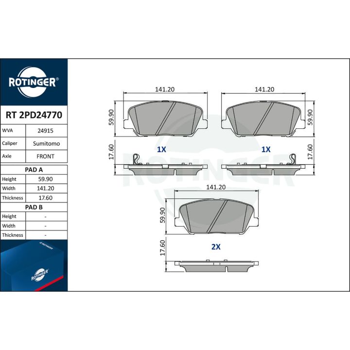 Stabdžių trinkelių rinkinys, diskinis stabdys ROTINGER RT 2PD24770