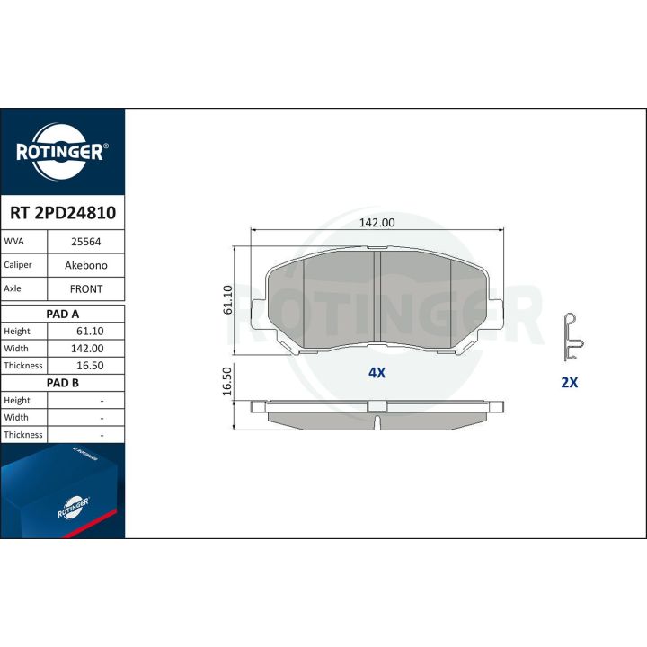 Stabdžių trinkelių rinkinys, diskinis stabdys ROTINGER RT 2PD24810