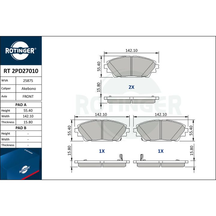 Stabdžių trinkelių rinkinys, diskinis stabdys ROTINGER RT 2PD27010