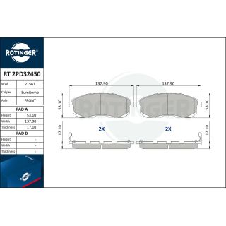 Stabdžių trinkelių rinkinys, diskinis stabdys ROTINGER RT 2PD32450