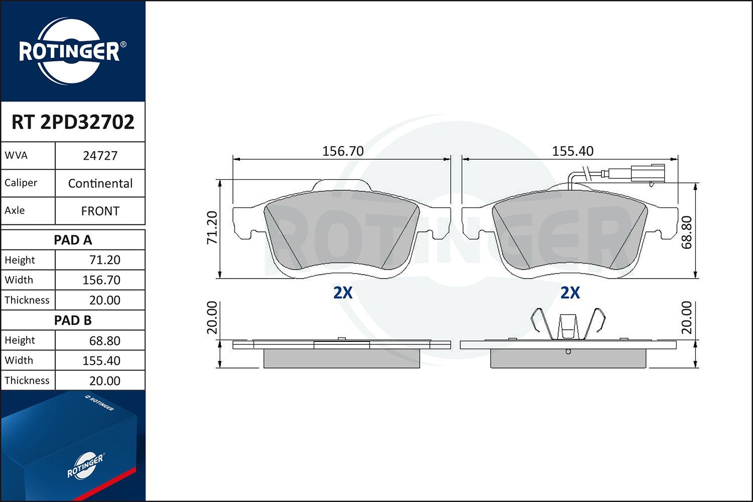 Stabdžių trinkelių rinkinys, diskinis stabdys ROTINGER RT 2PD32702