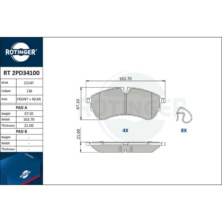 Stabdžių trinkelių rinkinys, diskinis stabdys ROTINGER RT 2PD34100
