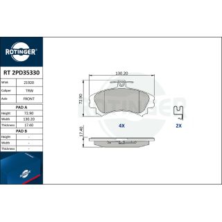 Stabdžių trinkelių rinkinys, diskinis stabdys ROTINGER RT 2PD35330