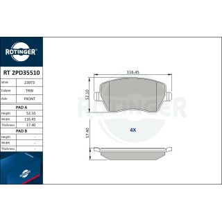 Stabdžių trinkelių rinkinys, diskinis stabdys ROTINGER RT 2PD35510