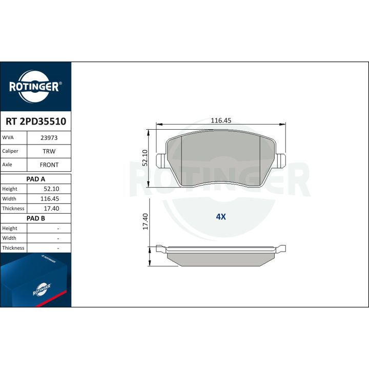 Stabdžių trinkelių rinkinys, diskinis stabdys ROTINGER RT 2PD35510