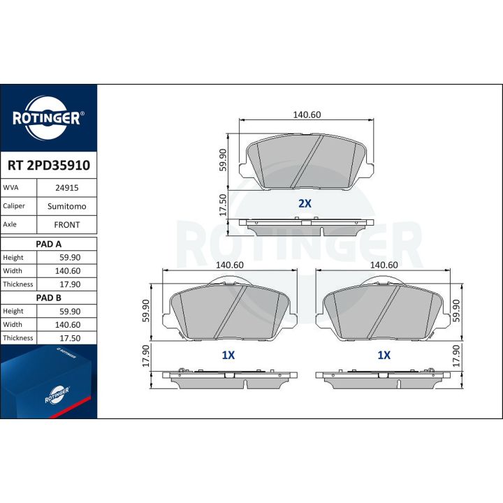 Stabdžių trinkelių rinkinys, diskinis stabdys ROTINGER RT 2PD35910