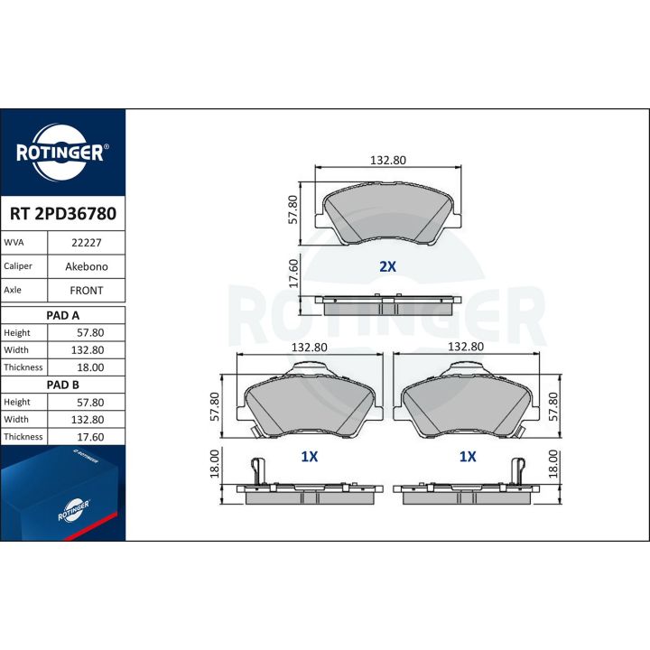 Stabdžių trinkelių rinkinys, diskinis stabdys ROTINGER RT 2PD36780