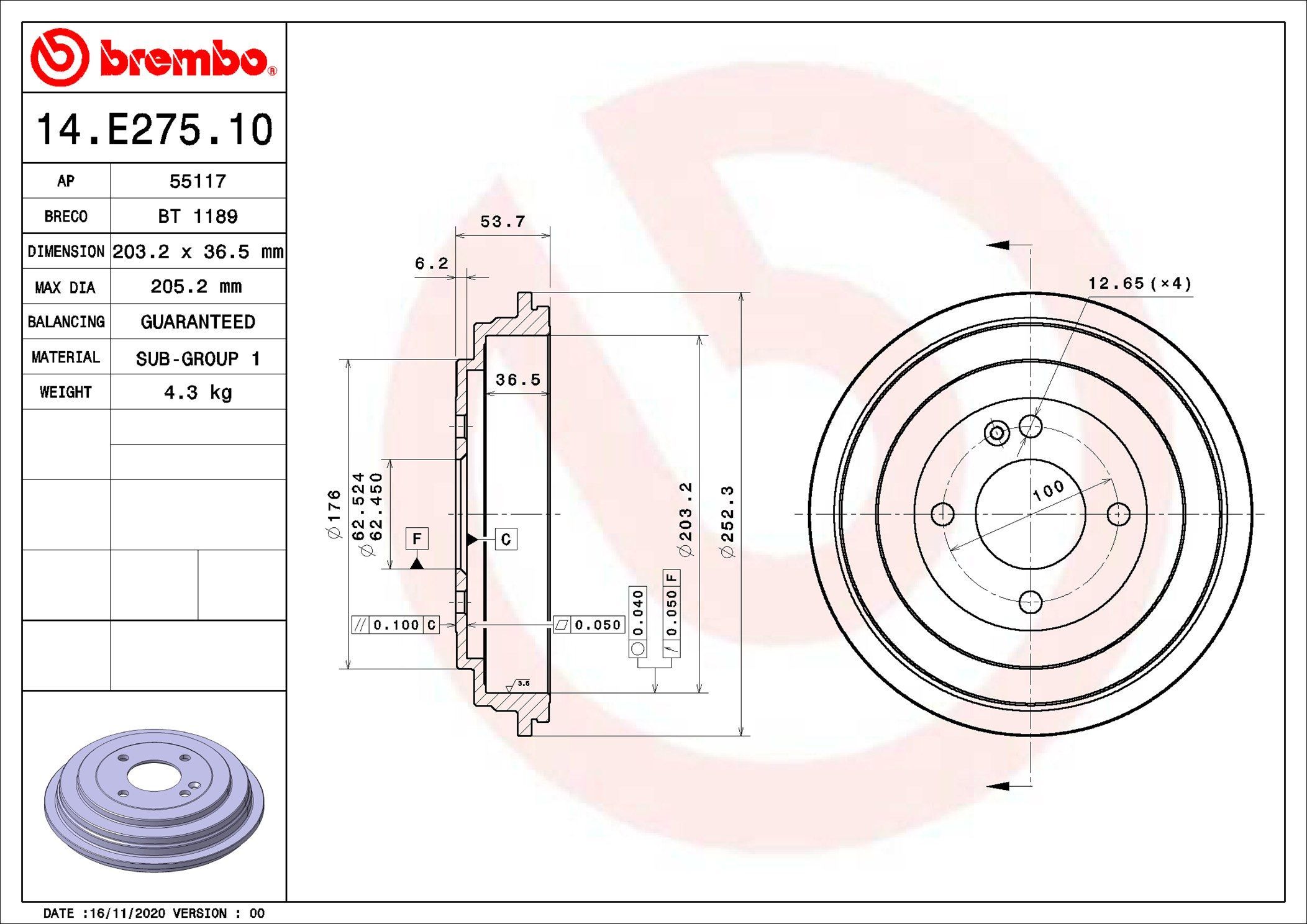 Stabdžių būgnas BREMBO 14.E275.10