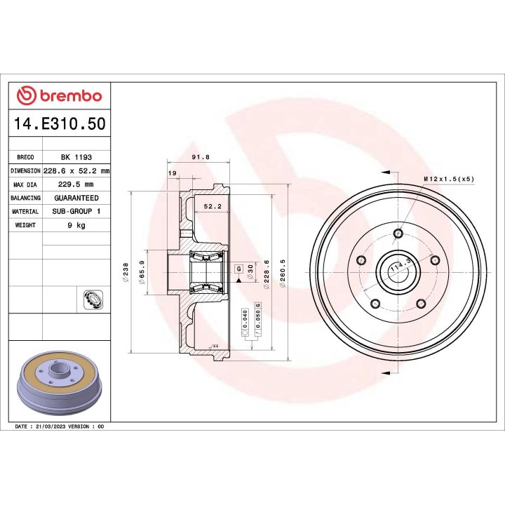 Stabdžių būgnas BREMBO 14.E310.50