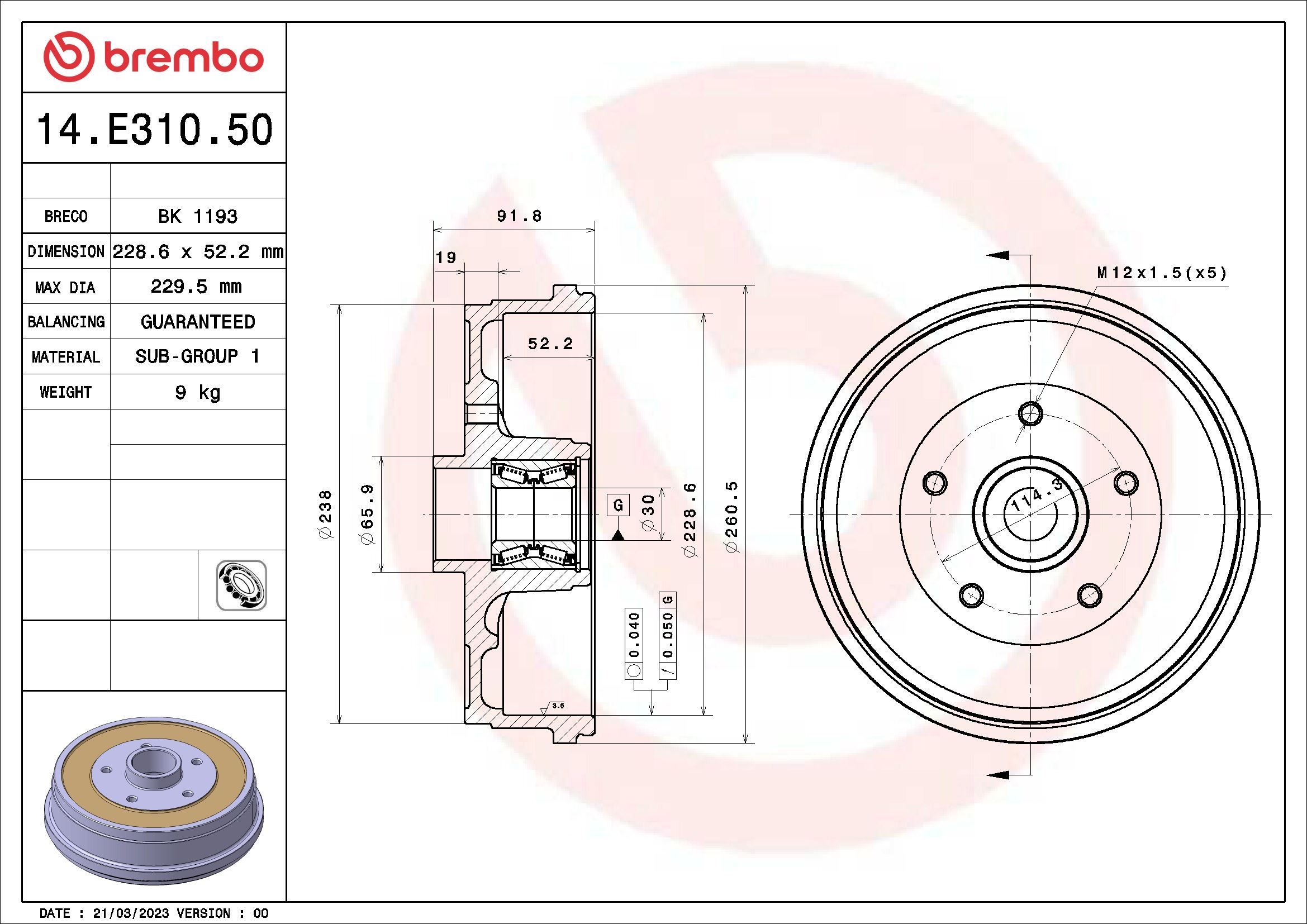 Stabdžių būgnas BREMBO 14.E310.50