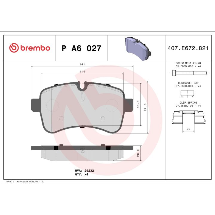 Stabdžių trinkelių rinkinys, diskinis stabdys BREMBO P A6 027