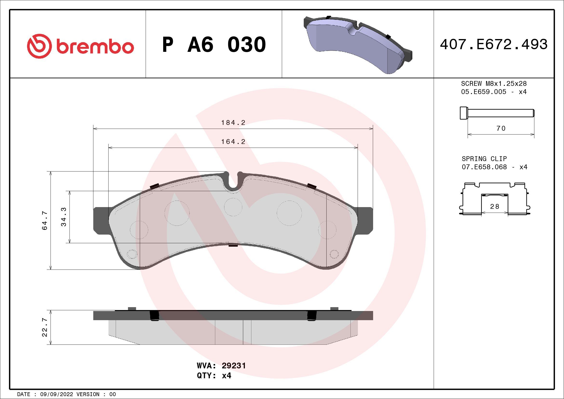 Stabdžių trinkelių rinkinys, diskinis stabdys BREMBO P A6 030