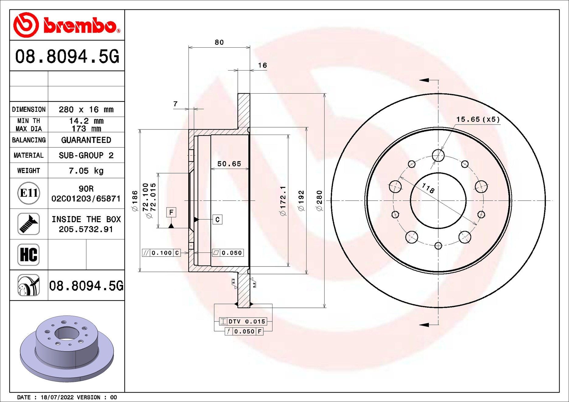 Stabdžių diskas BREMBO 08.8094.5G