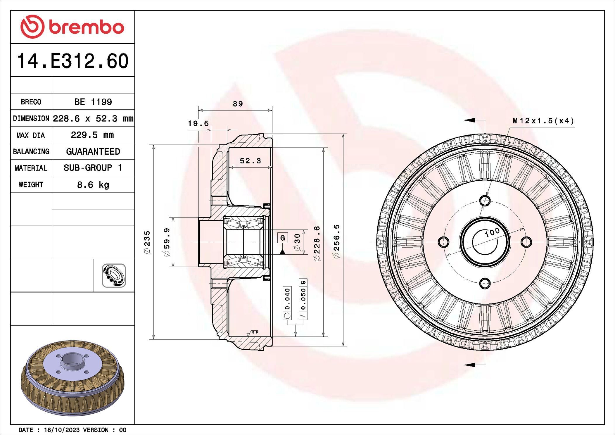 Stabdžių būgnas BREMBO 14.E312.60