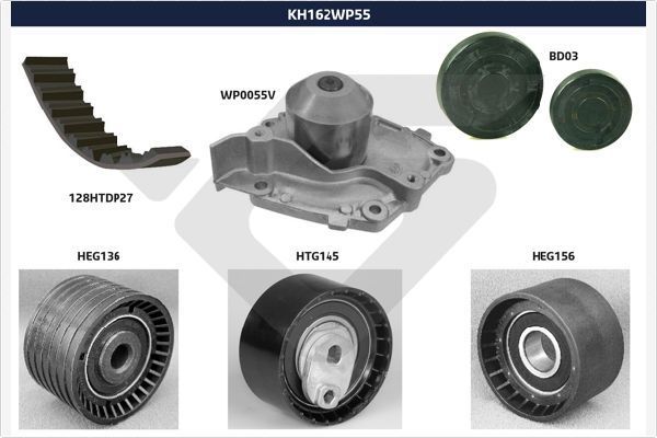 Vandens siurblio ir paskirstymo diržo komplektas HUTCHINSON KH 162WP55