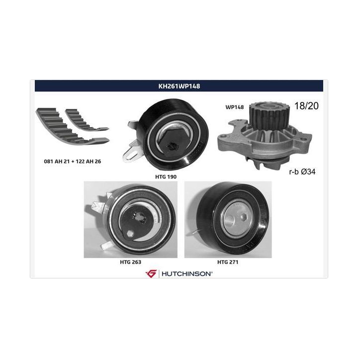 Vandens siurblio ir paskirstymo diržo komplektas HUTCHINSON KH 261WP148