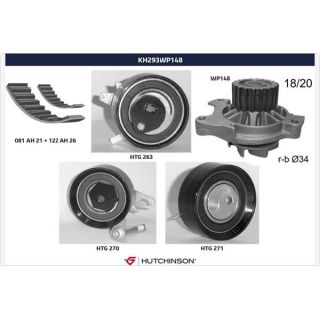 Vandens siurblio ir paskirstymo diržo komplektas HUTCHINSON KH 293WP148