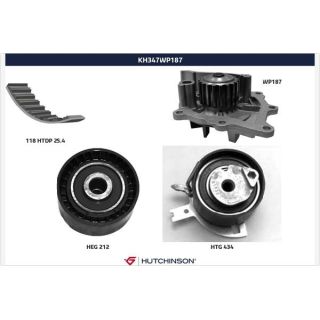 Vandens siurblio ir paskirstymo diržo komplektas HUTCHINSON KH 347WP187