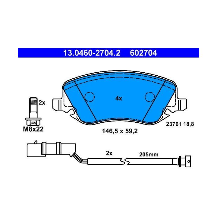 Stabdžių trinkelių rinkinys, diskinis stabdys ATE 13.0460-2704.2
