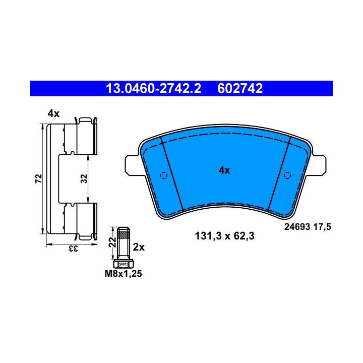 Stabdžių trinkelių rinkinys, diskinis stabdys ATE 13.0460-2742.2