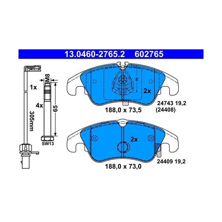 Stabdžių trinkelių rinkinys, diskinis stabdys ATE 13.0460-2765.2