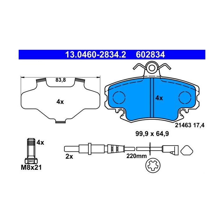 Stabdžių trinkelių rinkinys, diskinis stabdys ATE 13.0460-2834.2
