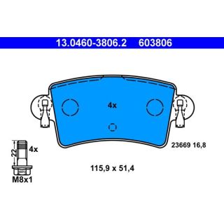 Stabdžių trinkelių rinkinys, diskinis stabdys ATE 13.0460-3806.2