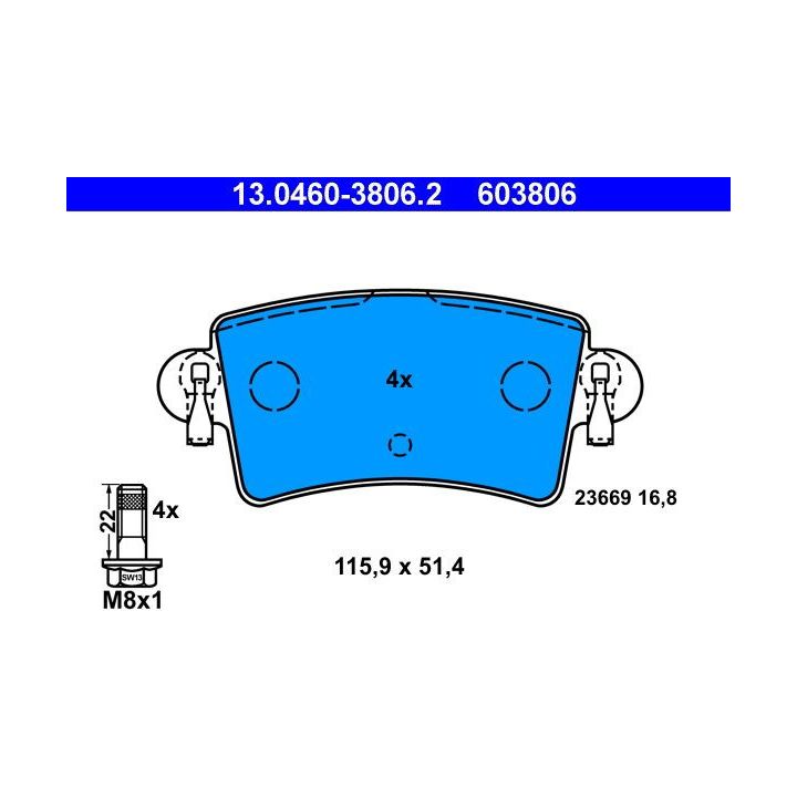 Stabdžių trinkelių rinkinys, diskinis stabdys ATE 13.0460-3806.2