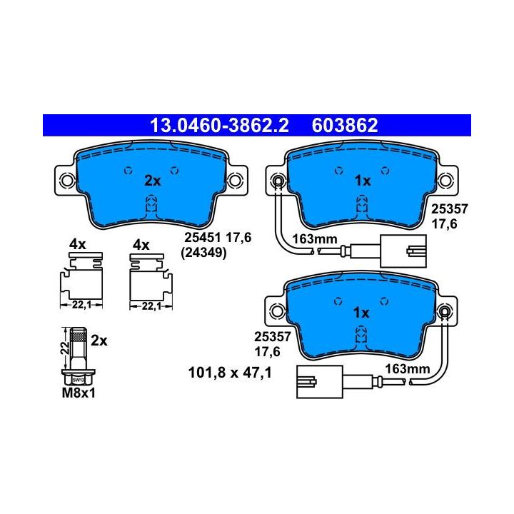Stabdžių trinkelių rinkinys, diskinis stabdys ATE 13.0460-3862.2
