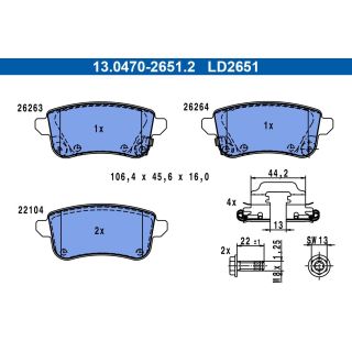 Stabdžių trinkelių rinkinys, diskinis stabdys ATE 13.0470-2651.2