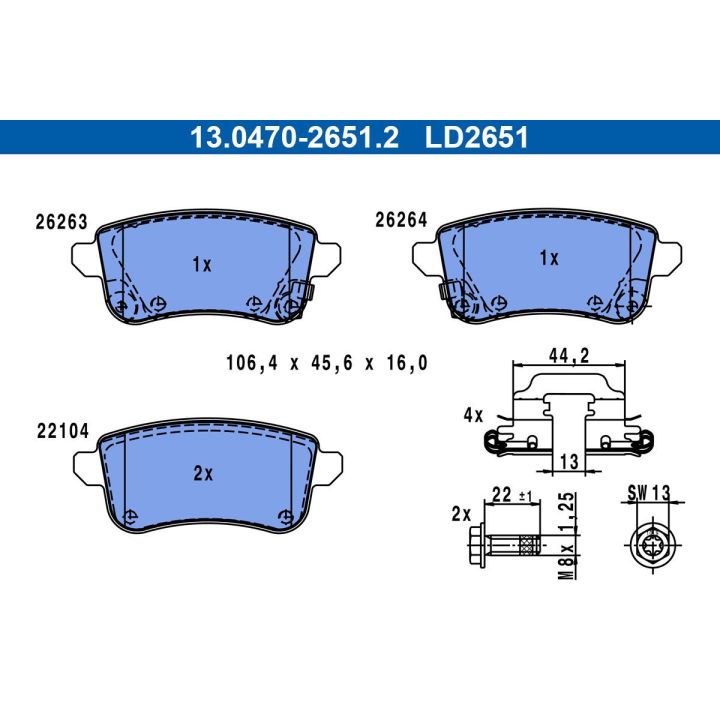 Stabdžių trinkelių rinkinys, diskinis stabdys ATE 13.0470-2651.2