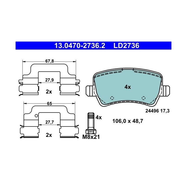 Stabdžių trinkelių rinkinys, diskinis stabdys ATE 13.0470-2736.2