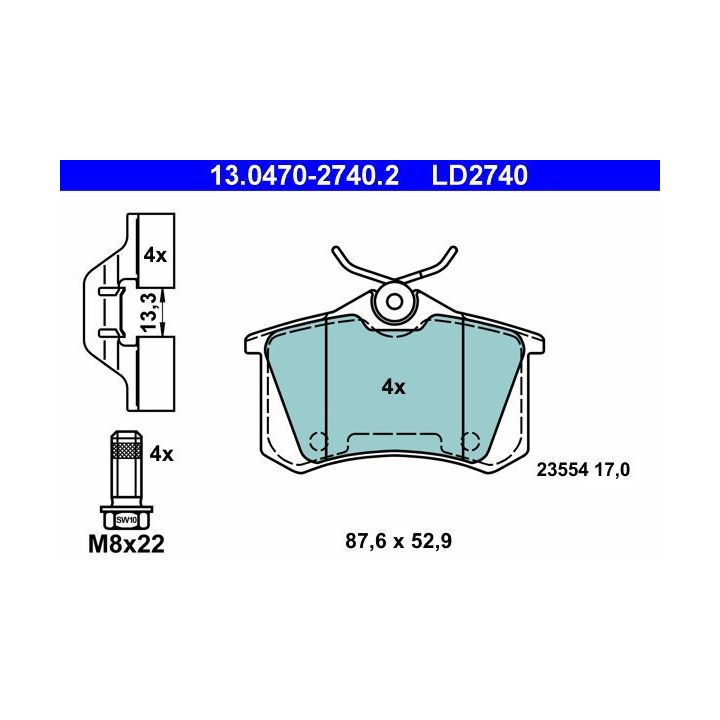 Stabdžių trinkelių rinkinys, diskinis stabdys ATE 13.0470-2740.2