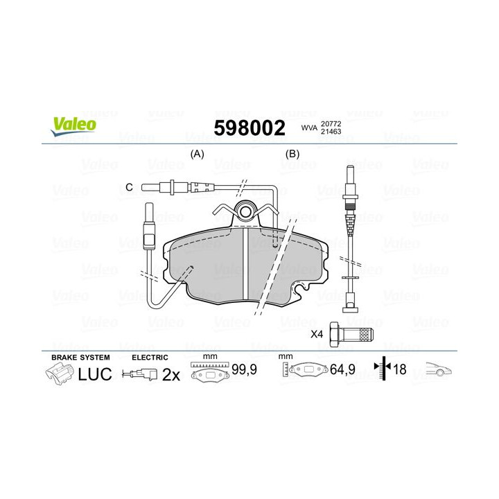 Stabdžių trinkelių rinkinys, diskinis stabdys VALEO 598002