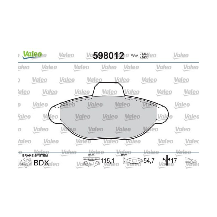 Stabdžių trinkelių rinkinys, diskinis stabdys VALEO 598012