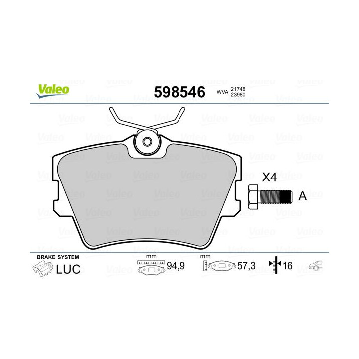 Stabdžių trinkelių rinkinys, diskinis stabdys VALEO 598546